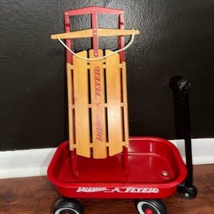 Red Wagon with Wooden Sled